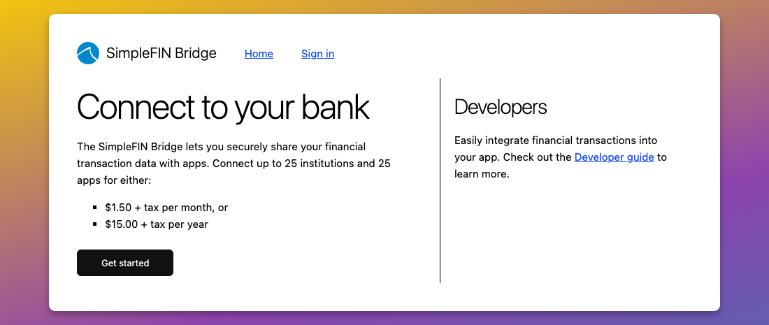 SimpleFIN's first page: 'Connect to your bank', the $15-a-year price, and a Get started button.