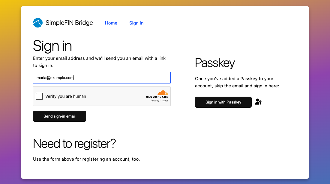 SimpleFIN's sign-in page: an email field, a 'Verify you are human' checkbox, and a Send sign-in email button. The same form registers new accounts.